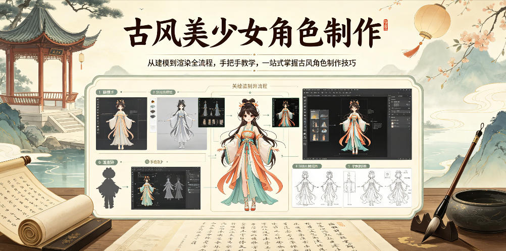 古风美少女角色制作，从建模到渲染全流程，手把手教学，一站式掌握古风角色制作技巧-代码㊙️阁