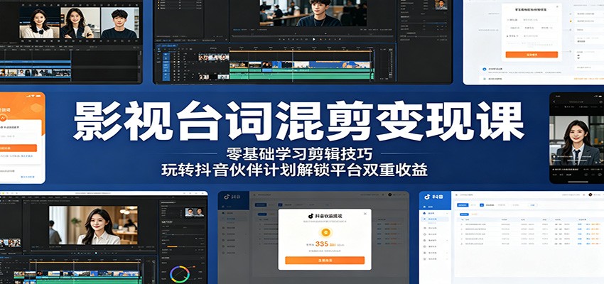 影视台词混剪变现课：零基础学习剪辑技巧，玩转抖音伙伴计划解锁平台双重收益-代码㊙️阁