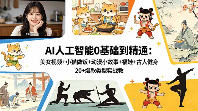 AI人工智能0基础到精通：美女视频+小猫做饭+动漫小故事+福娃+古人健身，20+爆款类型实战教学-代码㊙️阁