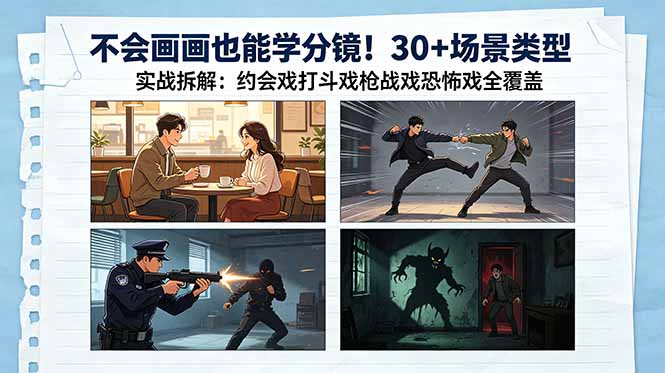 不会画画也能学分镜！30+场景类型实战拆解：约会戏打斗戏枪战戏恐怖戏全覆盖-代码㊙️阁