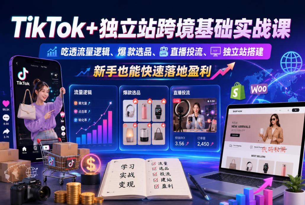 TikTok+独立站跨境基础实战课，吃透流量逻辑、爆款选品、直播投流与独立站搭建，新手也能快速落地盈利-代码㊙️阁
